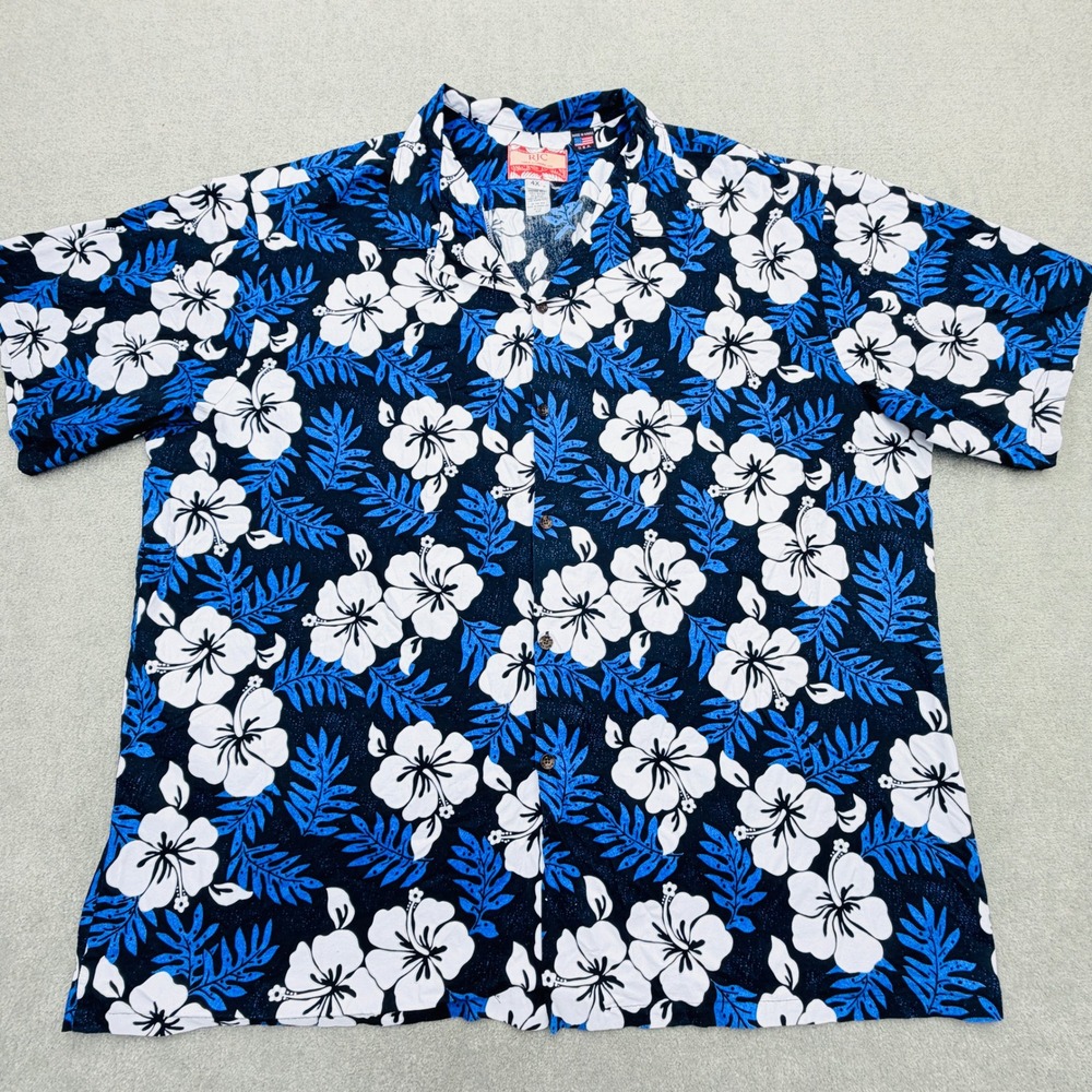 RJC Mens 4X Hawaiian Shirt Blue Hibiscus Floral Cotton Made in Hawaii 102C